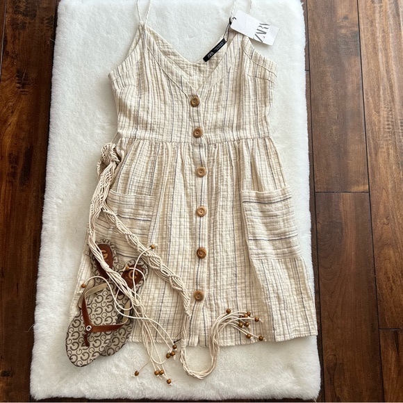 Zara Belted Striped Dress Beige Size Medium NWT - Picture 13 of 16
